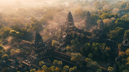 Aerial view of ancient temples and palaces in a historic capital city, showcasing cultural heritage.の素材