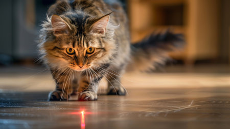 Close-up of a fluffy cat chasing a laser pointer beam, with its tail in the air and eyes fixed on the target.の素材