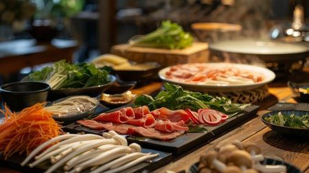 A stylish restaurant table set for shabu-shabu with a variety of fresh vegetables and thinly sliced meats ready for cooking.の素材