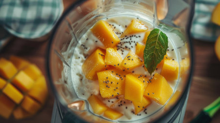 Close-up of a blender filled with fresh mango chunks and yogurt, ready to blend into a delicious fruit smoothie.の素材