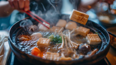 Close-up of a hot pot filled with bubbling broth and ingredients such as tofu, mushrooms, and seafood for a delicious shabu-shabu mealの素材
