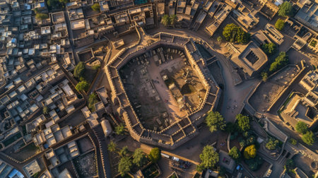 Aerial perspective of the sprawling layout and architecture of a UNESCO World Heritage site in an ancient capital city.の素材