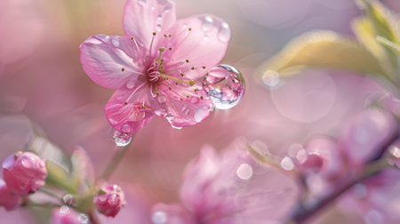 A water droplet magnifying the beauty of a delicate pink cherry blossom petal in a serene garden setting.の素材