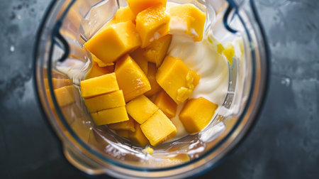 Close-up of a blender filled with fresh mango chunks and yogurt, ready to blend into a delicious fruit smoothie.の素材