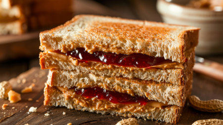 Close-up of a classic peanut butter and jelly sandwich on whole wheat bread, a nostalgic American lunch favorite.の素材