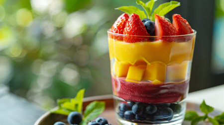 Close-up of a layered fruit smoothie parfait with mango, strawberry, and blueberry layers, served in a clear glass.の素材