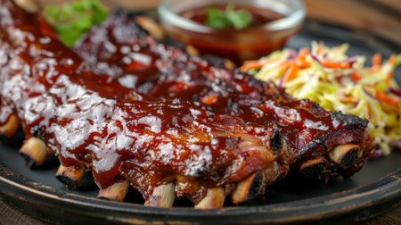 Close-up of a juicy BBQ ribs platter with tangy sauce and coleslaw, a favorite American comfort food.の素材