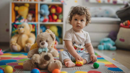 A toddler sitting on a play mat, surrounded by soft, plush toysの素材