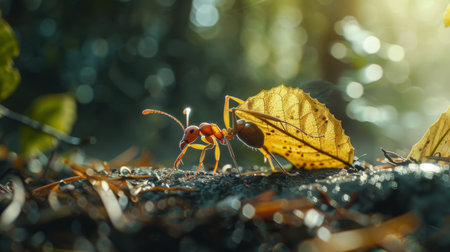 A close-up shot of a single ant carrying a leaf, showcasing its strength and determination on a forest floorの素材