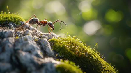 A macro shot of an ant exploring a moss-covered rock, emphasizing the textures and details of both the ant and its environment.の素材