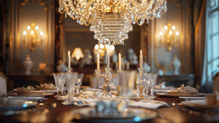 A crystal chandelier sparkling with light in an opulent dining room setting, adding luxury and elegance.の素材