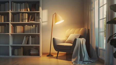A cozy reading nook in a minimalist home, featuring a comfortable chair, floor lamp, and a small bookshelf.の素材