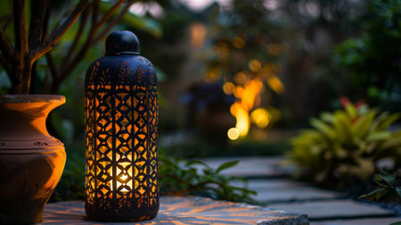 A decorative lantern with intricate patterns glowing at night, adding charm to a garden patio.の素材