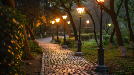 A row of street lamps lighting up a cobblestone pathway in an urban park during dusk.の素材