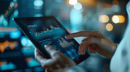 A financial advisor explaining a complex financial graph to a client using a tablet, with focus on the screen.の素材