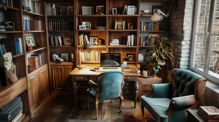 A cozy home office with a wooden desk, comfortable chair, and a laptop surrounded by books and inspirational decor.の素材