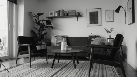 An interior shot of a minimalist living room with Scandinavian furniture and a monochrome color scheme.の素材