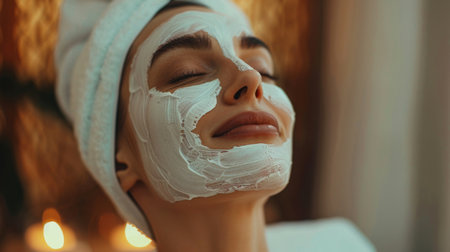 A woman with a serene expression, enjoying a face mask treatment for rejuvenation and glowing skin.の素材