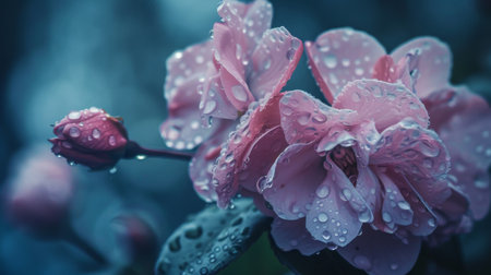 Raindrops clinging to delicate petals of a blooming flower, highlighting nature's beauty in a rainy day setting.の素材