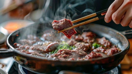 A close-up of hands holding chopsticks dipping cooked beef from a shabu-shabu pot into a savory sesame sauce.の素材