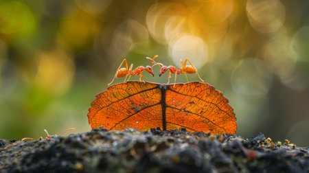 Ants working together to dismantle a fallen leaf, showing their efficient teamwork and problem-solving skills.の素材