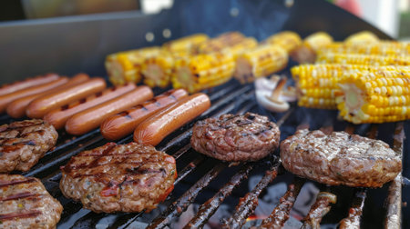 A festive barbecue grill with juicy burgers, hot dogs, and grilled corn, perfect for a summer backyard party.の素材