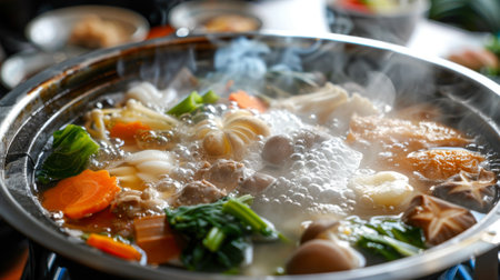 A close-up of a shabu-shabu pot filled with clear broth and fresh ingredients simmering gently on a portable stove.の素材