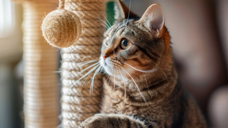 A cat playfully swatting at a dangling ball toy attached to a scratching post, enjoying indoor playtime.の素材