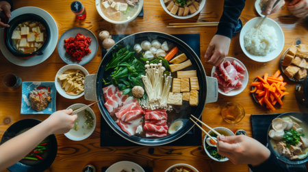A family gathering around a shabu-shabu table at home, with ingredients like seafood and tofu arranged for a cozy meal.の素材