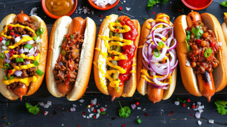 A colorful array of gourmet hot dogs with creative toppings like chili, cheese, and onions, representing American street food.の素材