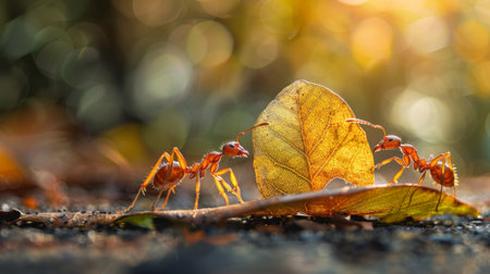 Ants working together to dismantle a fallen leaf, showing their efficient teamwork and problem-solving skills.の素材