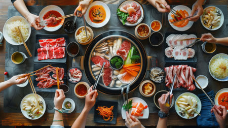 A group of coworkers enjoying a shabu-shabu lunch buffet in a restaurant, with various meats and vegetables on the table.の素材