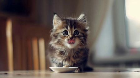A fluffy Maine Coon kitten eagerly licking its lips after finishing a meal of nutritious kitten formula.の素材