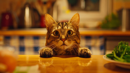 A cat with its paws on a kitchen counter, eagerly anticipating a meal being prepared by its owner.の素材