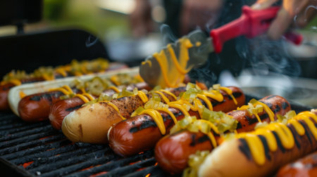 A chef grilling traditional hot dogs with mustard and relish, perfect for a summer cookout or baseball game.の素材