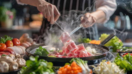 A chef adding fresh vegetables to a boiling shabu-shabu pot, creating a healthy and appetizing meal presentation.の素材