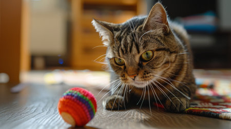 Close-up of a cat's whiskers twitching with excitement while playing with a bouncing ball toy on the floor.の素材