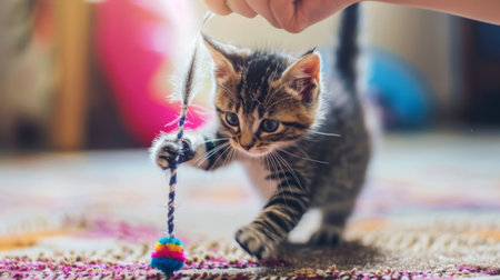 A kitten batting at a feather teaser toy held by its owner, showing enthusiasm and affection for play.の素材