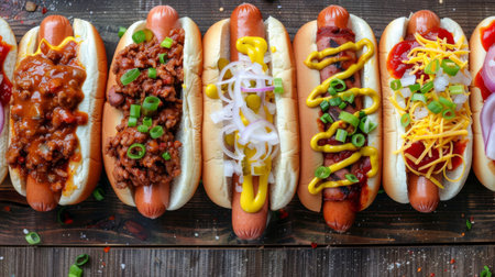 A colorful array of gourmet hot dogs with creative toppings like chili, cheese, and onions, representing American street food.の素材