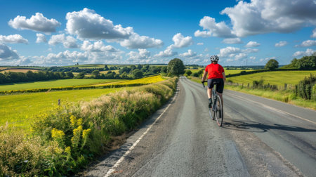 A cyclist riding through a scenic countryside road with lush green fields and blue sky, enjoying a leisurely bike ride.の素材