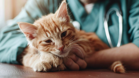 A compassionate vet comforting a scared kitten during a medical examination on a cozy examination table.の素材