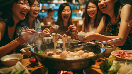 A group of friends enjoying a lively shabu-shabu dinner together, dipping ingredients into a communal pot with smiles and laughter.の素材