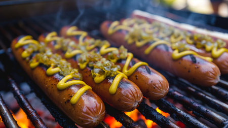 A chef grilling traditional hot dogs with mustard and relish, perfect for a summer cookout or baseball game.の素材
