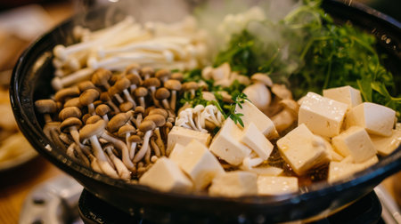 A close-up of assorted mushrooms and tofu slices being added to a shabu-shabu pot for a vegetarian-friendly meal option.の素材
