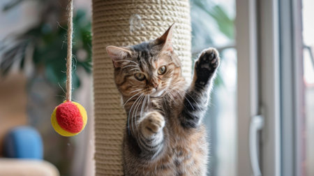 A cat playfully swatting at a dangling ball toy attached to a scratching post, enjoying indoor playtime.の素材