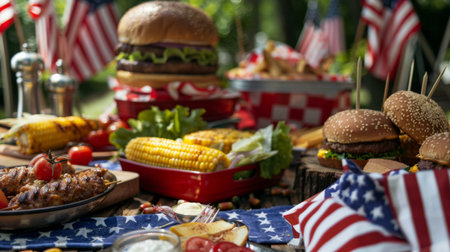 A festive Fourth of July picnic table laden with classic American dishes like corn on the cob and grilled burgers.の素材