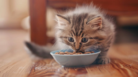 A playful kitten delicately nibbling on kibble from a bowl, showcasing adorable feeding habits.の素材