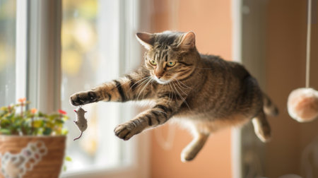 A tabby cat leaping joyfully to catch a toy mouse dangling from a string, capturing a moment of excitement.の素材