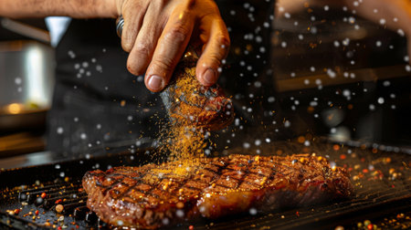 A steakhouse chef seasoning a New York strip steak with a blend of spices before grilling it to perfection.の素材