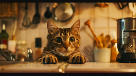 A cat with its paws on a kitchen counter, eagerly anticipating a meal being prepared by its owner.の素材